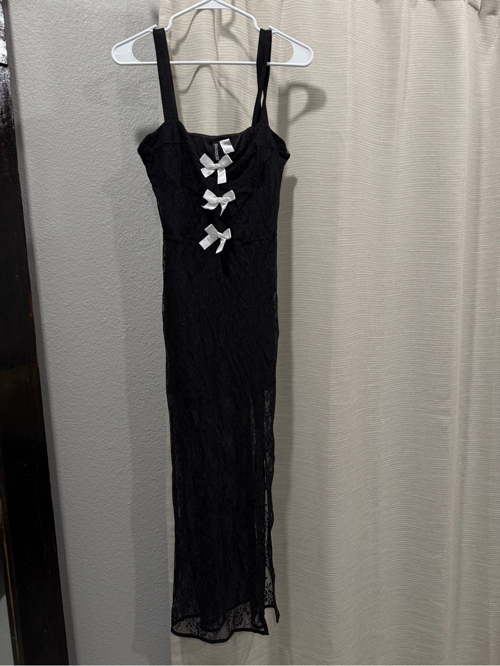 Divided Black Lace Maxi Dress with White Bow Details